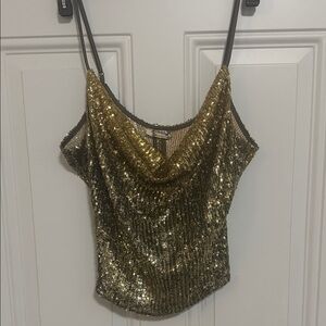 Free People Gold & Gun Metal Sequin Cowl Neck Top